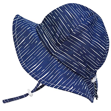 Cotton Toddler Boy UV Protective Sun Hat 50 UPF, Drawstring Adjustable, Packable (M: 6 - 30m, Floppy Hat: Navy Waves)