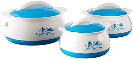 Milton Delish Insulated Thermo Hot Or Cold Casserole Serving Bowls With Stainless Steel Inner And Locking Lids (Set of 3), White With Blue