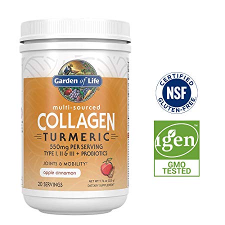 Garden of Life Multi-Sourced Collagen Turmeric for Joints & Mobility - Apple Cinnamon, 20 Servings - 10g Type I, II & III Peptides, 60mg Turmeric Curcuminoids & Probiotics - Gluten Free, Keto & Paleo