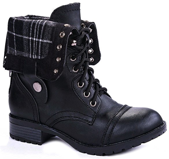Women Military Combat Foldable Cuff Faux Leather Plaid/Quilted Back Zipper Lace Up Boots