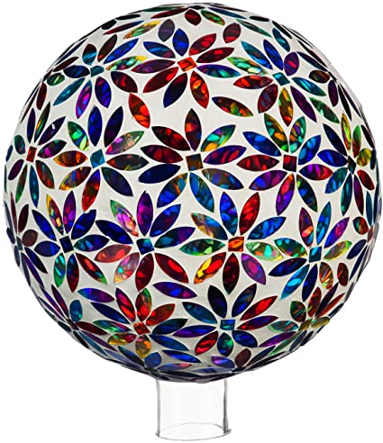 Evergreen Garden Beautiful Multi Colored Flowers Mosaic Glass Gazing Ball - 10 x 10 x 12 Inches Fade and Weather Resistant Outdoor Decoration for Homes, Yards and Gardens