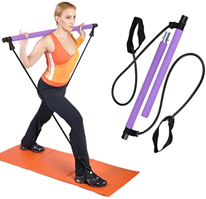 OUTERDO Pilates Bar Kit, Pilates Band Home Gym Equipment with Resistance Band for Women, Exercise Bar Stick Yoga Rod with Foot Loop Multifunctional Sports Exercise Fitness Equipment