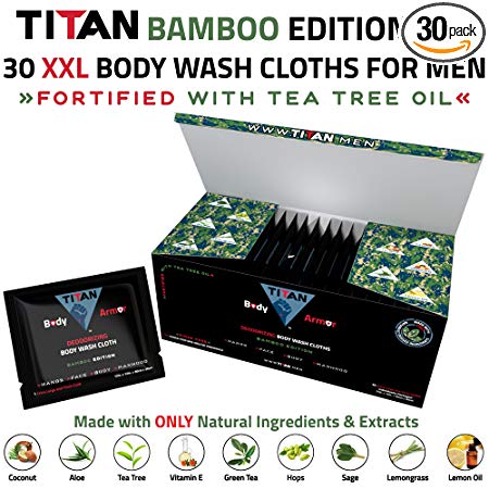 Titan Deodorizing Body Wash Cloths, Bamboo Edition, 12”x12”, 30 Extra Large & Thick Individually Packaged Wipes, Fortified with Tea Tree Oil, Rinse Free Wipes for Hands, Face, Body and Manhood