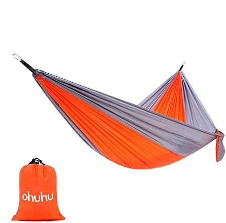 Ohuhu Portable Nylon Fabric Travel Camping Hammock, 115" Long X 55" Wide, 600-Pound Capacity, Orange & Gray