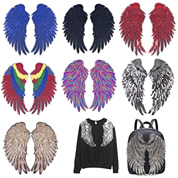 LOVEINUSA 7 Pair of Wings Sequins Angel Wings Iron On Patch DIY Embroidered Applique Bling Wings for Jackets Cloth Decoration Valentine's Day Gifts