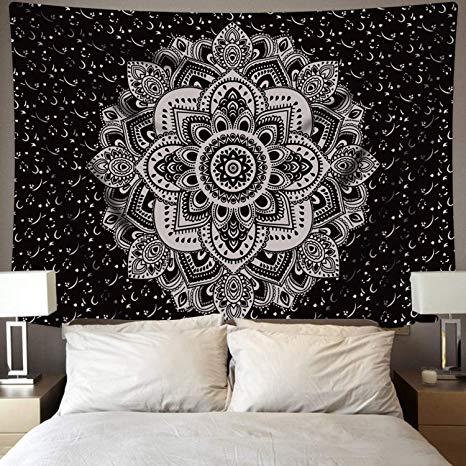 BLEUM CADE Mandala Tapestry Wall Hanging Black & White Wall Art Floral Decorative for Bedroom Living Room 59x83 Inches