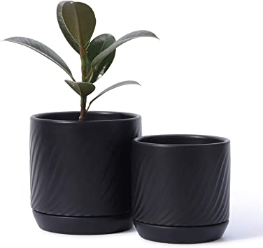 POTEY 053304 Ceramic Planter Pots - Glazed Modern Flower Planters Pot Indoor Bonsai Container with Drainage Holes & Saucer for Plants Aloe(Set of 2-5.1   4.2 Inch, Matte Black, Plants Not Included)