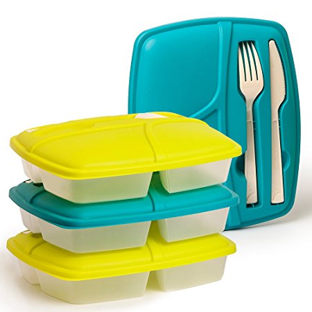 Reusable-Easy To Clean Lunch Kit Containers With Easy Knife and Fork Storage on Lid Included, Lunchbox for Adults and Kids - SET of 4!