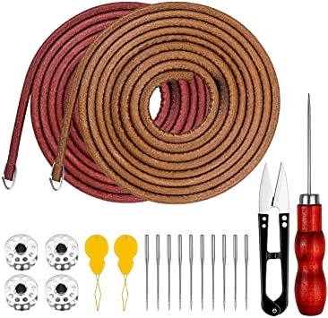 Homgaty 2 Piece 183 cm 3/16 Inch Leather Belt Treadle Parts with 4 Hooks, Sewing Machine Spool, Needle Threader, Sewing Needles,Sewing Appliance and Sewing Scissors Compatible with Singer/Jones Sewing