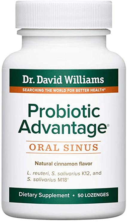 Dr. David Williams' Probiotic Advantage Oral Sinus Probiotics for Your Mouth, Teeth, and Gums, Sugar-Free, Natural Cinnamon Flavor, 50 Lozenges (50-Day Supply)