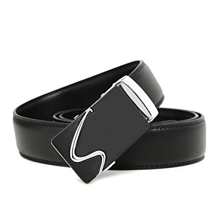 XYZDOUBLE Men's Leather Belt Sliding Buckle Black Automatic Ratchet with Gift Box-35mm Wide