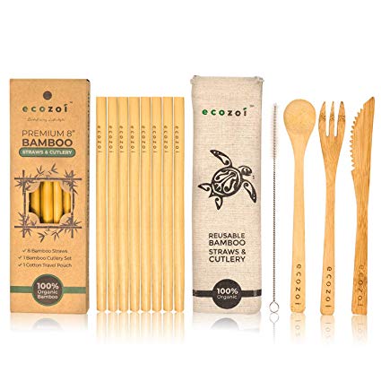 Ecozoi 8" REUSABLE Bamboo Straws, Set of 8   Natural Bamboo Cutlery Set, Cleaning Brush, and To-Go Travel Case | Bamboo Drinking Straws & Bamboo Flatware Set | Biodegradable Straws