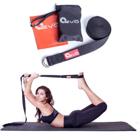 Yoga EVO Yoga Strap - 100 Cotton - 8 Foot - Double Lining - Anti Slip Metal D-Ring  Carrying Bag and Online Video Poses and Stretches