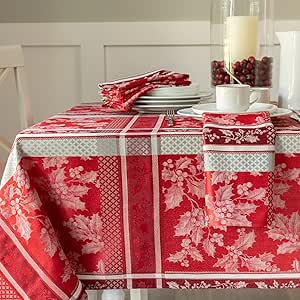 Benson Mills Holiday Hollies Yarn Dyed Jacquard Fabric Table Cloth, Holiday, Winter, and Christmas Tablecloth (52" X 70" Rectangular, Holiday Hollies)