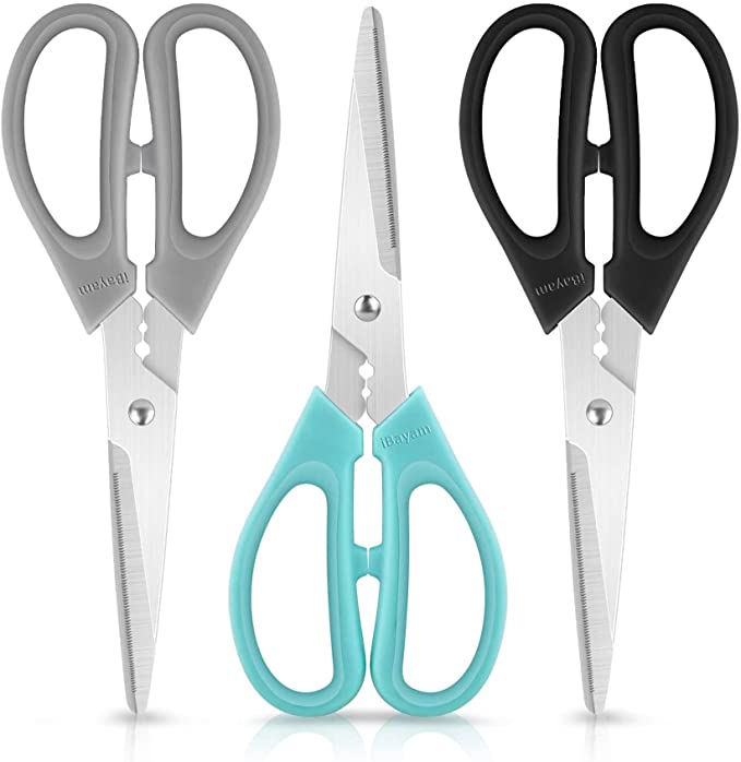 Kitchen Shears Scissors Stainless Steel, iBayam 3-Color 8 Inch Dishwasher Safe Food Scissors for Herbs Chicken Meat Poultry Vegetable Fish BBQ, Utility Multipurpose Scissors for Cutting Paper Boxes