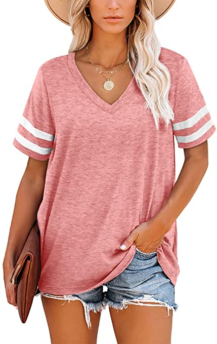 Aokosor T Shirts for Women V Neck Striped Sleeve Summer Tops Casual Loose Tee