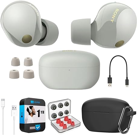 Sony WF-1000XM5 Industry Leading Noise Canceling Truly Wireless Earbuds (Silver) Bundle with Silicone Case (Black), Memory Foam Ear Tips, USB-A to USB-C Cable & 1 YR CPS Enhanced Protection Pack