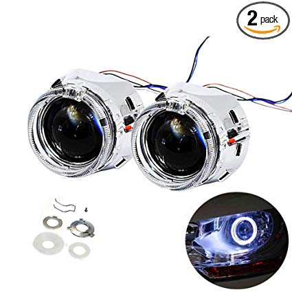 YUFANYA 2.5 Inch H1 Headlight 8.1 Ver Bixenon Projector Lens HID Hi/Lo Beam With White CREE LED Angel Eyes,Halo Rings Day Running Lights Function,Chrome Shrouds Mask,Fit H1 H4 H7 Car Motorcycle