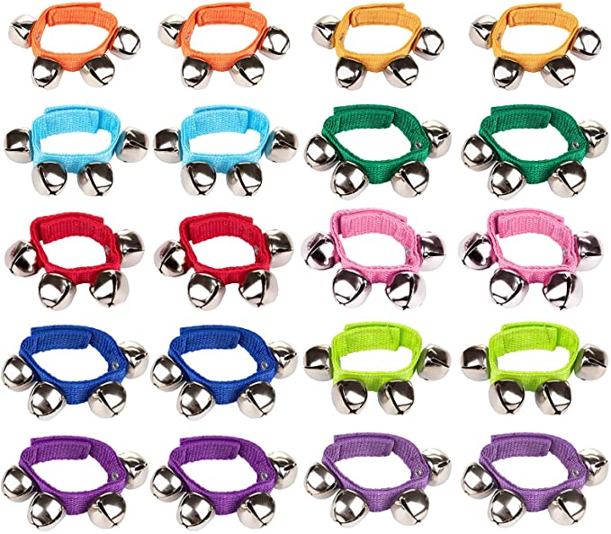 Foraineam 20 PCS 10 Colors Wrist Bells Ankle Jingle Bell Band Musical Tambourine Rhythm Toys Instrument Percussion Party Favors for Kids, Adults