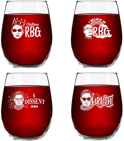 Set of 4 Ruth Bader Ginsburg Wine Glasses (15 oz) | Birthday Present for RBG Fan| Unique Patriotic Glassware Celebrating Women’s Rights | Funny & Humorous Feminist Gifts for Women | Made in USA