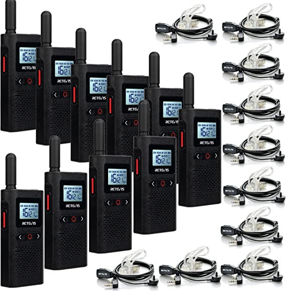 Retevis RB628 Walkie Talkie for Adults, PMR446 Mini 2 Way Radio Rechargeable 1500mAh, LCD Screen VOX, Professional Walkie Talkies with Headset for School, Hotel (10Pcs, Black)