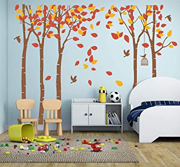 LUCKKYY Large Five Tree Wall Decal Tree Wall Sticker Removable Vinyl Mural Art Wall Stickers Kids Room Nursery Bedroom Living Room Decoration (Brown Orange)