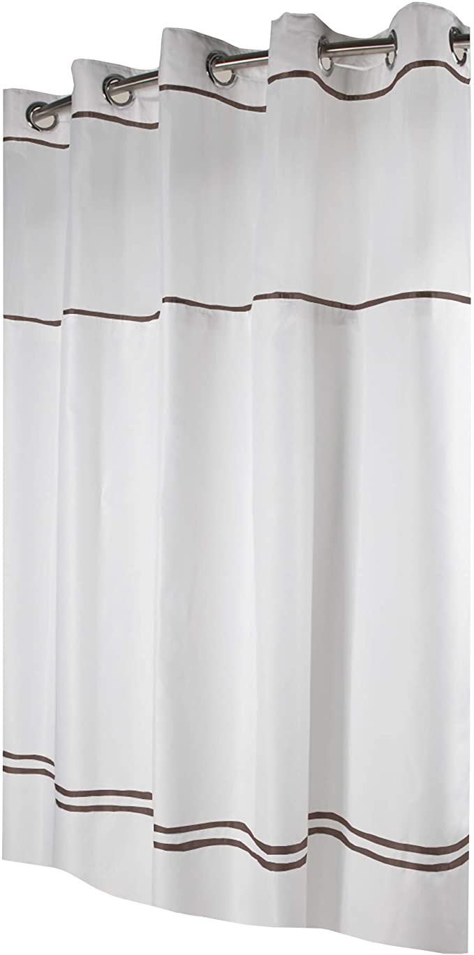 instecho Hookless RBH40ES305 Fabric Shower Curtain with Built in Liner - White/Brown, 71-Inch by 74-inch