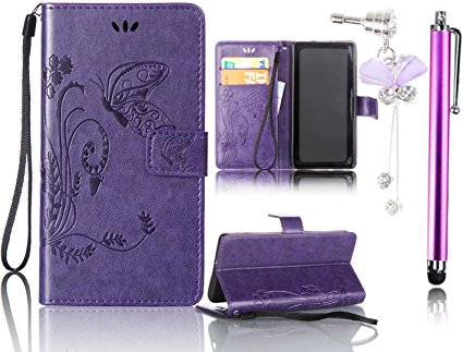 Samsung Galaxy S3 Case, Bonice 3 in 1 Accessory PU Leather Magnetic Snap Wallet Case with [Card Slots] [Hand Strip] Premium Cover   Stylus Pen   Diamond Rhinestone Butterfly Antidust Plug, Purple