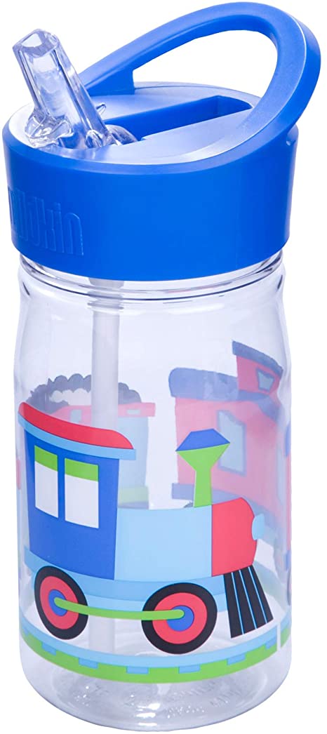 Wildkin 96079 Water Bottle, for School Kindergarten Boys and Girls, 16 Oz Olive Kids Design Features Flip Straw, Top Carrying Handle, 1, Trains, Planes, and Trucks