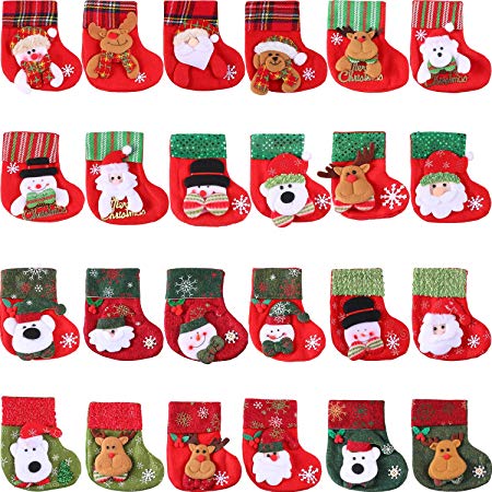 Tatuo 24 Pieces Mini Christmas Stockings, 3D Santa Snowman Silverware Holders, Little Christmas Stockings Gift and Treat Bags Christmas Hanging Socks for Xmas Tree, Home, Garden Decoration