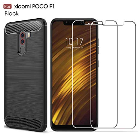 MYLB Xiaomi Pocophone F1 case,with Xiaomi Pocophone F1 Screen Protector. (3 in 1)[Scratch Resistant Anti-Fall] Fashion Soft TPU Shockproof Case with Xiaomi Pocophone F1 Glass Screen Protector (Black)