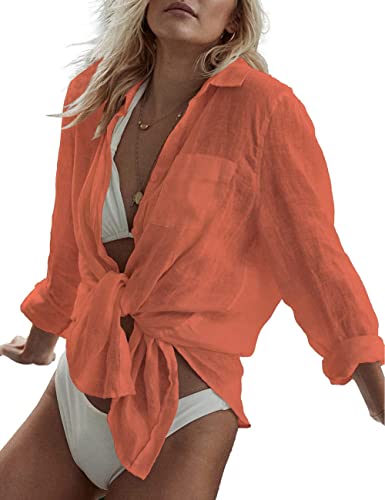 Bsubseach Women Long Sleeve Beach Shirt Blouses Turn Down Collar Bathing Suit Cover Ups