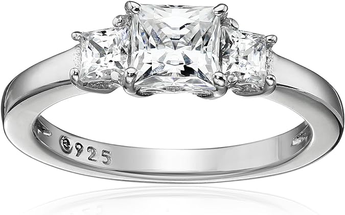 Amazon Collection Platinum or Gold Plated Sterling Silver Princess-Cut 3-Stone Ring made with Infinite Elements Zirconia