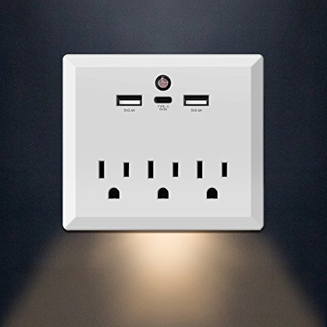 Wall Mount Outlet, Maxcio 3-Outlets Adapter with Auto Sensor Night Light Phone Holder with Dual USB Ports   USB-C Port