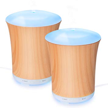 Zookki Essential Oil Diffuser, 200ml Ultrasonic Aromatherapy Diffuser Humidifier with Adjustable Mist Mode, 8 Colors LED Lights Changeable and Waterle (wood grain 2 pack) …