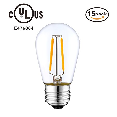 LED Filament Bulbs, Non Dimmable, 2W 2700K Warm White 180LM, E26 Base Vintage Edison Bulbs, UL Listed, 15 Pack, Great For Patio String Lights and Home Fixtures