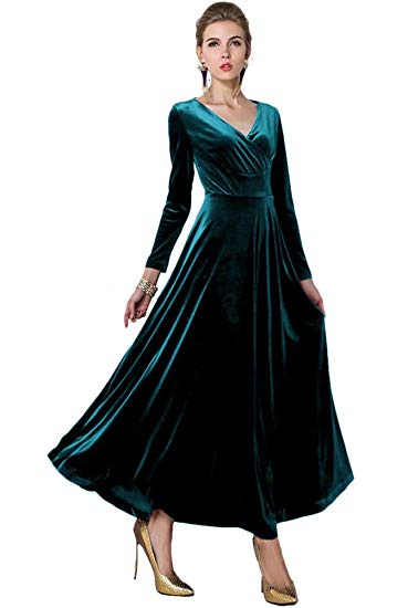 Urban CoCo Women Long Sleeve V-Neck Velvet Stretchy Long Dress