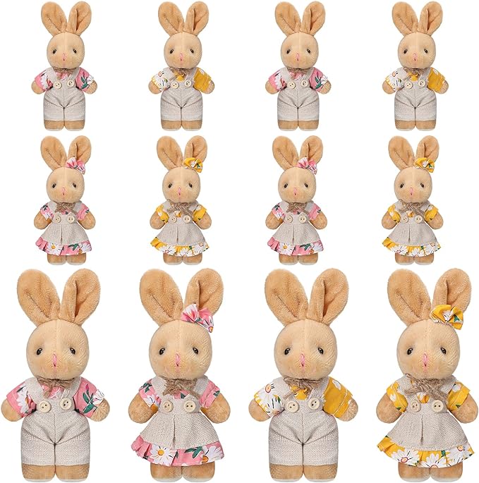 12 Pieces Mini Bunny Plush Stuffed Animal Small Couple Easter Rabbit Plushie Burlap Floral Baby Shower Decoration Cute Soft Bunny for Valentines Birthday Party Favor, 4 Inch, 2 Styles