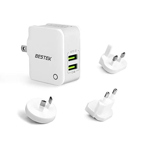 BESTEK 2-Port USB Wall Charger with UK EU AU Worldwide Travel Plug Adapter, 2.4A Smart USB Charger for iPad, iPhone,Galaxy, Note, LG, HTC