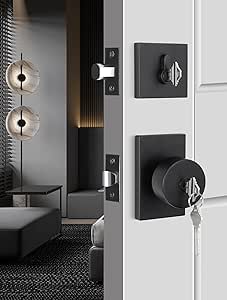 goldenwarm Keyed Alike Black Door Knob with Deadbolt, Square Contemporary Matte Black Exterior Door Lock Set with Deadbolt, Heavy Duty Black Front Entry Door Locksets with Deadbolt(1 Pack)