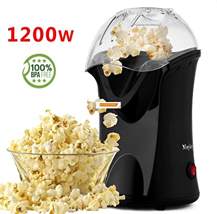 Hot Air Popcorn Maker,Popcorn Machine,Popcorn Popper 1200W,No Oil Needed, Including Measuring Cup and Removable Lid (Black)