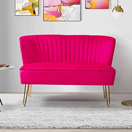 HULALAHOME 45-inch Small Velvet Upholstered Loveseat Sofa, Modern Loveseat Club Couch with Golden Metal Legs, Living Room Tufted Velvet 2 Seater Sofa for Apartment Small Spaces (Fuchsia)