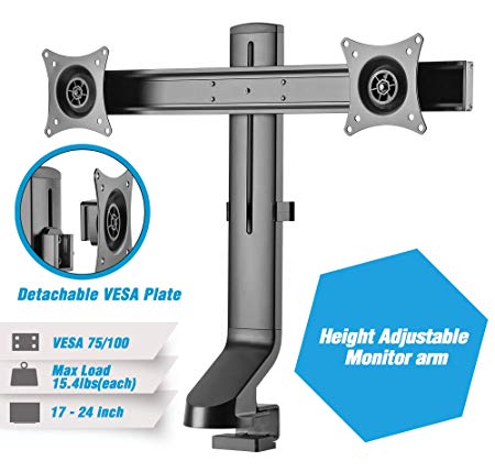 AVLT-Power Dual Monitor Mount with Low Profile Base- for Sit-Stand Desk, Workstation,Thin Table- Converter Arm Riser- Height Adjustment- Holds 17" to 24" Screens, up to 15.4 lbs Each, VESA 75/100