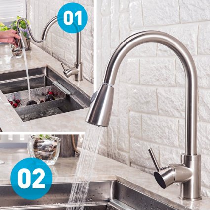 BHQ 1006 Modern Touch On Stainless Steel Single Handle Single Hole Pull Out Spray Kitchen Faucet, Brushed Nickel Pull Down Kitchen Sink Faucets updated version adapter.
