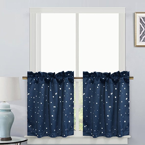 Thermal Insulated Kitchen Bath Laundry Bedroom Living Room with Rod Pocket Top Window Curtain Tiers for Kids - Navy with Glitter Star Pattern - (58"W x 24"L Pair of Tiers)