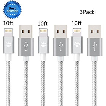 iPhone Cable SGIN, 3Pack 10FT Nylon Braided Cord Lightning Cable Certified to USB Charging Charger for iPhone 7,7 Plus,6S,6,SE,5S,5,iPad,iPod Nano 7 - Silver Grey