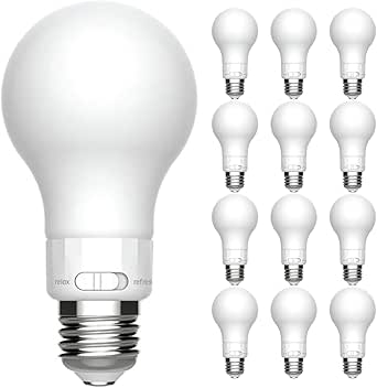 GE A19 LED Bulbs, 60W Equivalent, 2CCT Color Select Relax Soft White | Refresh Daylight, Enclosed Fixture Rated, 8W, 800 Lumens, Glass, Dimmable, UL Listed, E26 Medium Base (12 Pack)