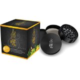Premium Herb and Weed Grinder By Ezee Comes in Beautiful Gift Box with Bonus Travel Bag Cleaning Brush and Pollen Scraper New Black 4 Piece Aluminum Design with Filter for Kief Catcher
