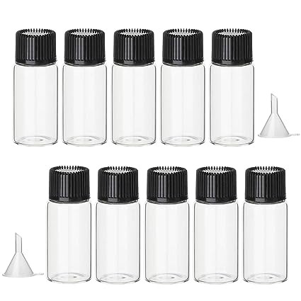 Hyber&Cara 10 Pcs 10ml Clear Glass Bottles Small Empty Sample Vials with Screw Cap, Bonus 2 Pcs Mini Funnels