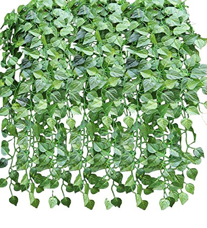 YSBER 12pcs 83 Feet Artificial Ivy & Silk Fake Ivy Leaves Hanging Vine Leaves Garland for Wedding Party Garden Wall Decoration (Green radish leaves)